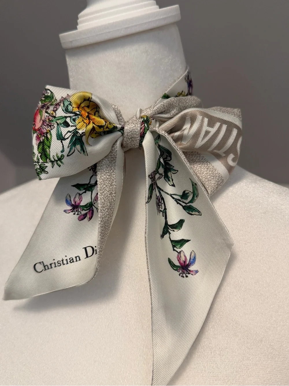 Dior Silk Striped Botanical Ribbon Scarf in Cream and Taupe